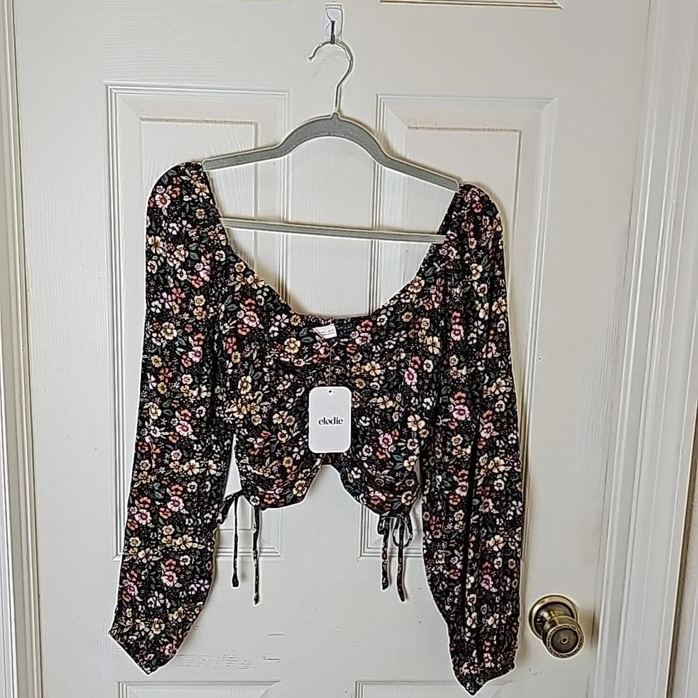 Elodie Floral Black Yellow Pink Elasticized Off Shoulder Rucshed Side Tie Top S - Picture 3 of 13